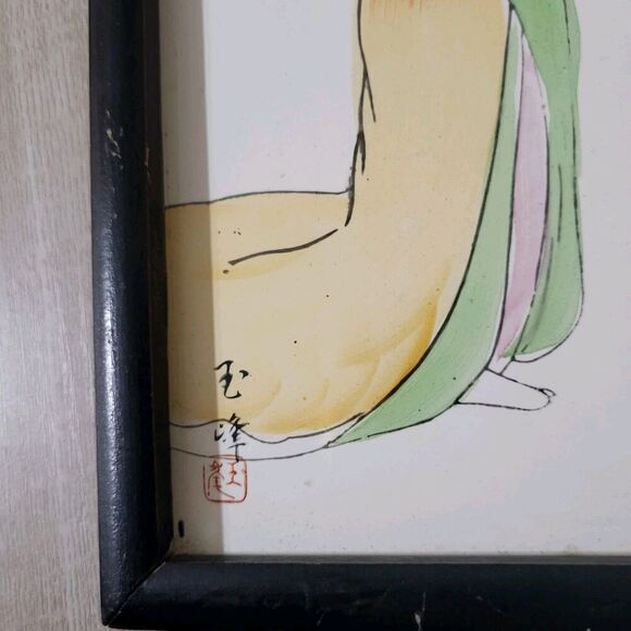 Vtg Japanese Geisha Girl Signed Framed Hand-painted Porcelain Tile- Enesco - MCM - Picture 9 of 10